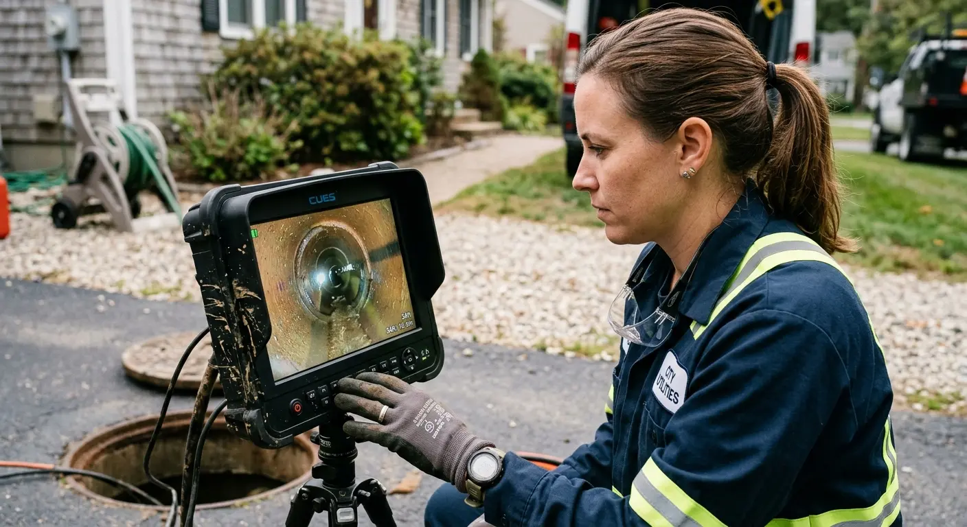 Technician reviewing sewer camera inspection footage in East Windsor