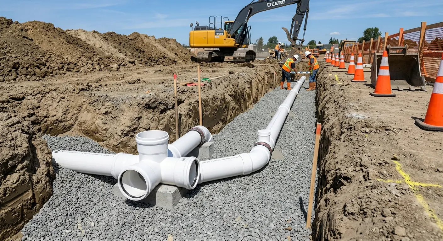 New PVC sewer pipe installation in open trench for Sewer Backup in East Windsor