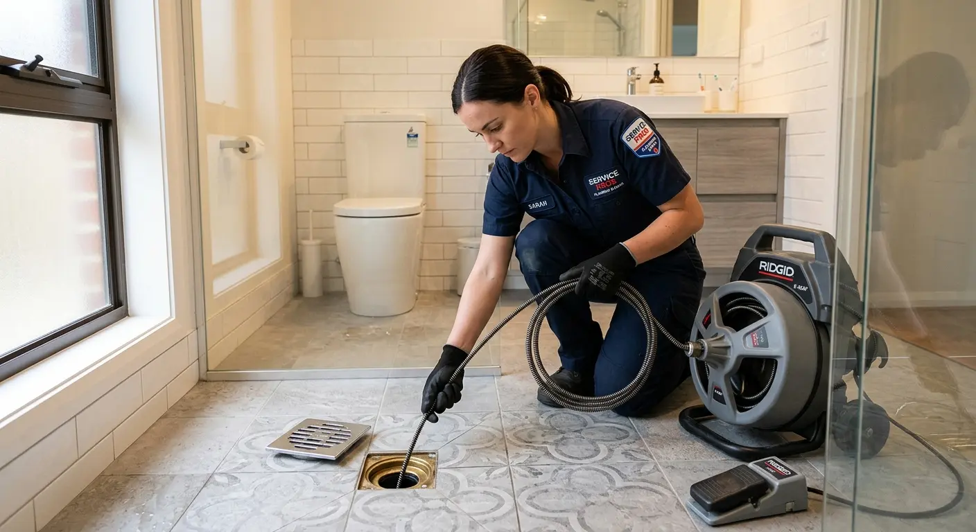 Technician clearing a bathroom floor drain for Drain Cleaning in East Windsor